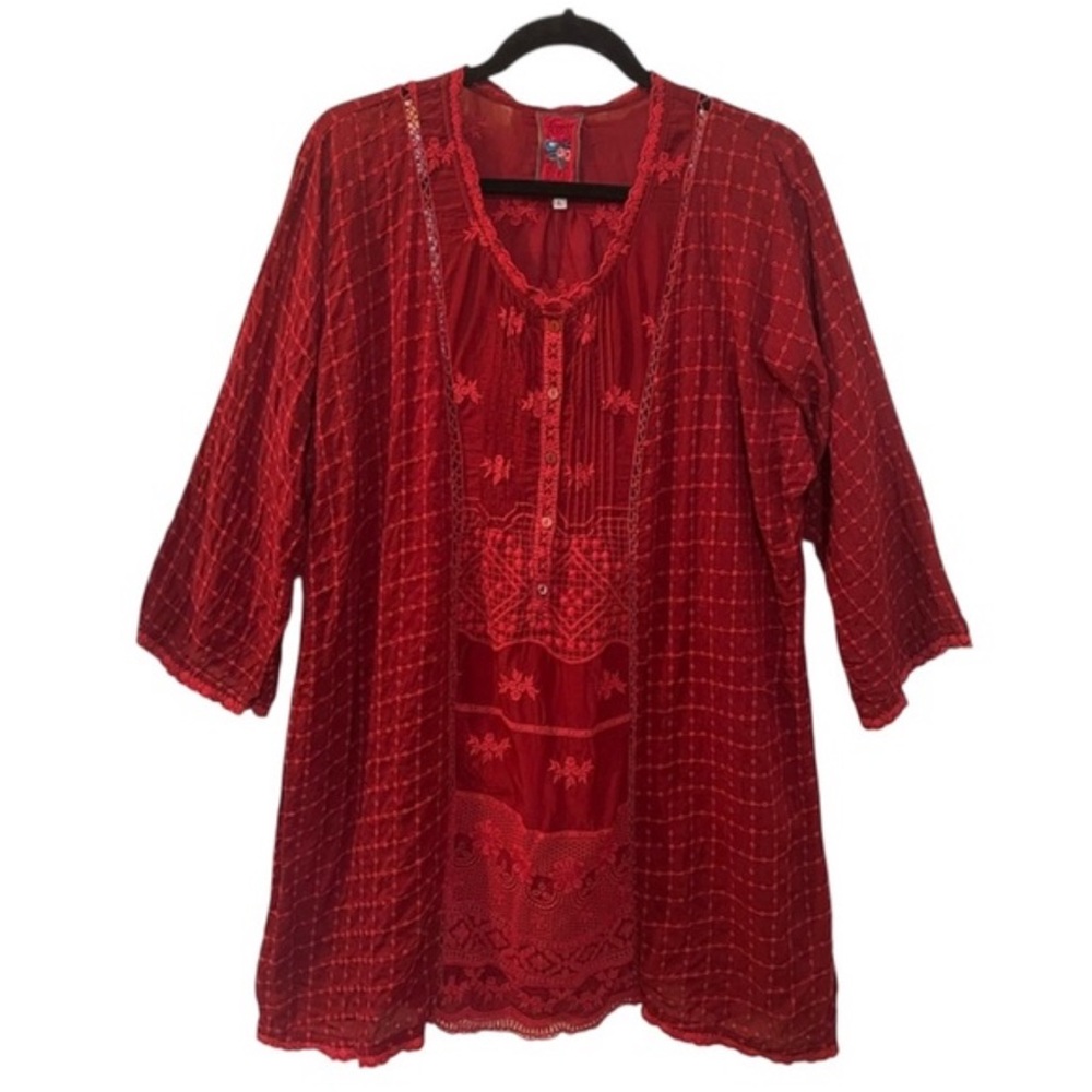 Johnny Was Maroon Embroidered Sheer Button Down Tunic Top Women's Medium